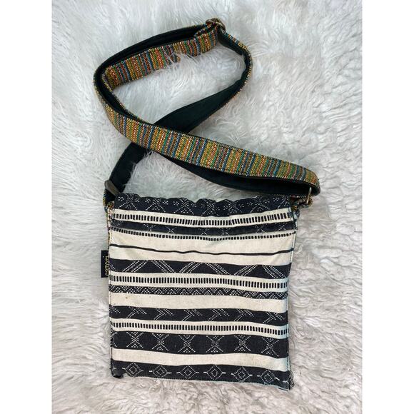 Catori Black White Striped Embellished Canvas Crossbody Boho Bag - Picture 6 of 8
